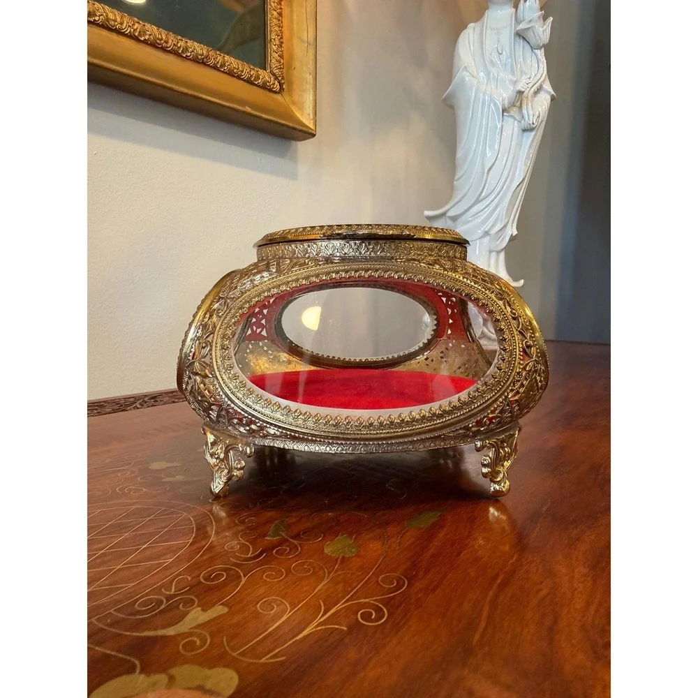 Vintage Ormolu Jewelry Casket Red Velvet Beveled Glass Box - Picture 3 of 17